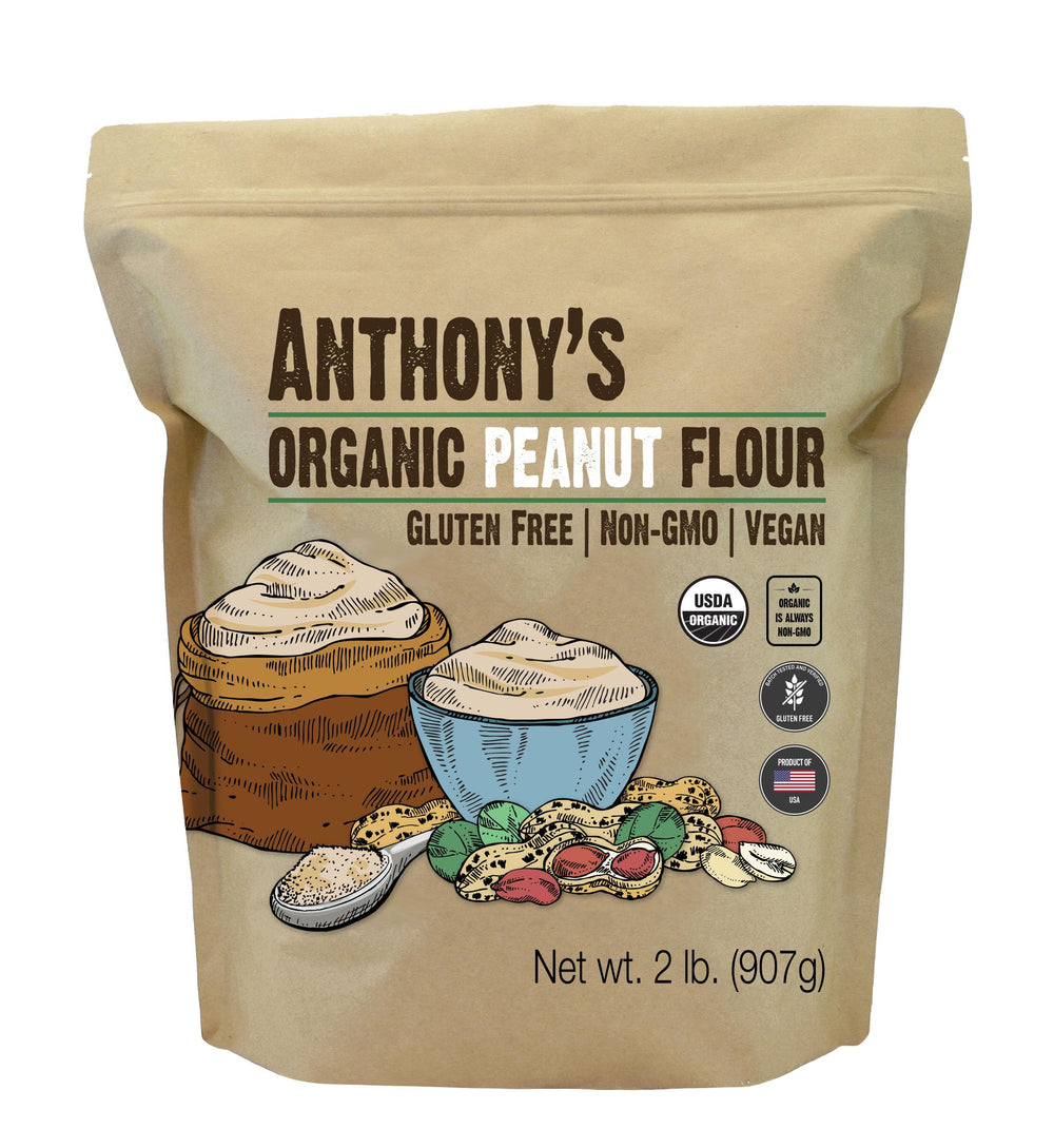 Anthony's Organic Peanut Flour bag with scoop ready for gluten-free baking.