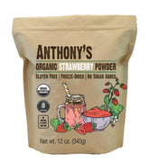 Anthony's Organic Strawberry Powder bottle showcases gluten-free, no sugar added convenience.