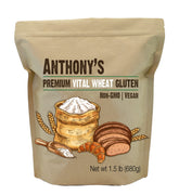 Anthony's Vital Wheat Gluten bag being poured, signaling protein-rich baking versatility.
