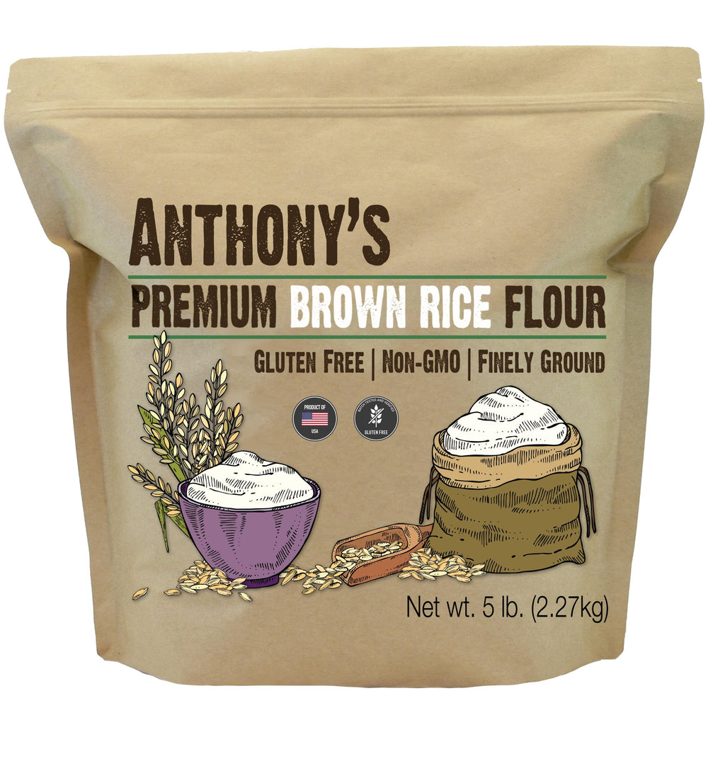 Anthony's Brown Rice Flour packaging highlighting gluten-free baking versatility.