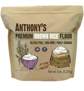Anthony's Brown Rice Flour packaging highlighting gluten-free baking versatility.