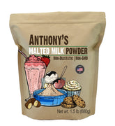 Anthony's Malted Milk Powder 1.5lb jar highlights non-GMO quality for baking and shakes.