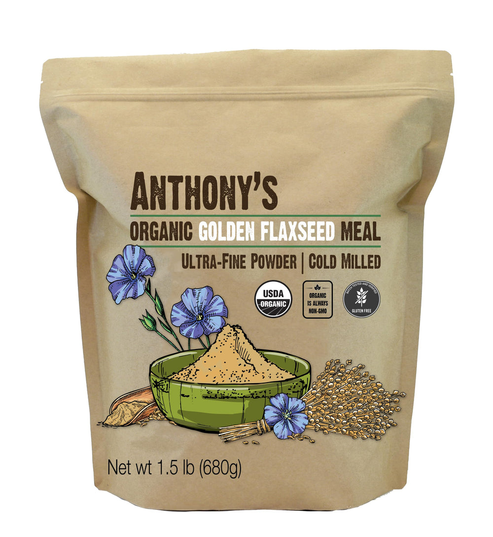 Anthony's Organic Golden Flaxseed Meal in a resealable bag for gluten-free baking.