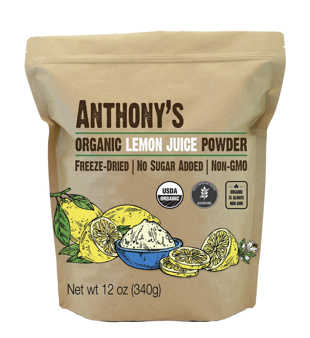 Anthony's Organic Lemon Juice Powder packaging highlights premium lemon flavor in a resealable jar.