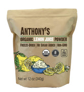 Anthony's Organic Lemon Juice Powder packaging highlights premium lemon flavor in a resealable jar.