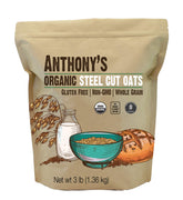 Anthony's Organic Steel Cut Oats bag showcases premium whole grain oats for breakfast.