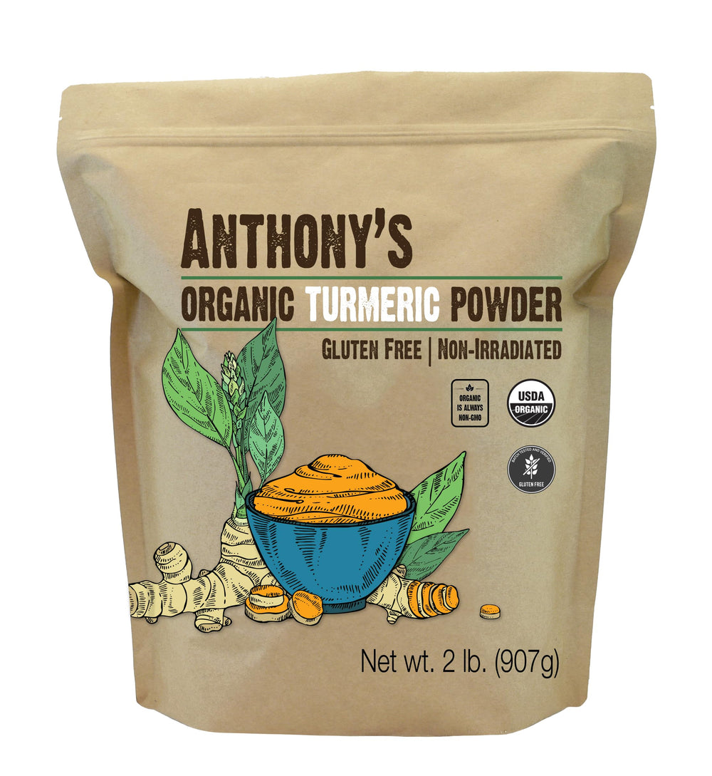 Anthony's Organic Turmeric Powder packaging highlights organic quality and gluten-free credentials.