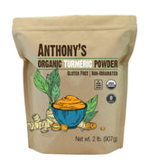 Anthony's Organic Turmeric Powder packaging highlights organic quality and gluten-free credentials.