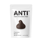 Anti Sugar Free Dark Chocolate Mini Chips bag front shows four-ingredient formula for clean snacking.