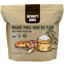 Anthony's Organic Whole Grain Oat Flour 4 lb bag shows organic certification for quality