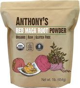 Anthony's Red Maca powder bottle shows premium organic roots