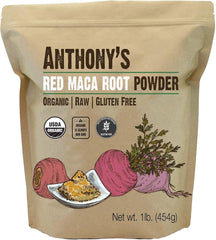 Anthony's Red Maca powder bottle shows premium organic roots