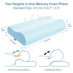 Anvo memory foam pillow back view highlights ergonomic design for alignment.