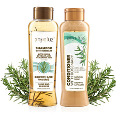 ANYELUZ Rosemary Shampoo bottle on a clean surface, promotes daily freshness and easy lather for healthy hair.