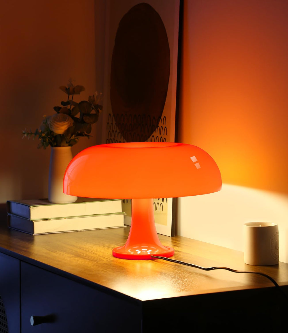 Anykonio orange mushroom lamp front view with warm ambient light for bedrooms.
