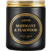 AOOVOO Mahogany & Teakwood candle in a black jar for refined home ambiance.