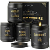 AOOVOO sandalwood oud candle in black jar for a rich, masculine ambiance.