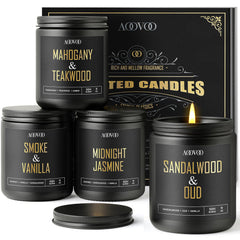 AOOVOO sandalwood oud candle in black jar for a rich, masculine ambiance.
