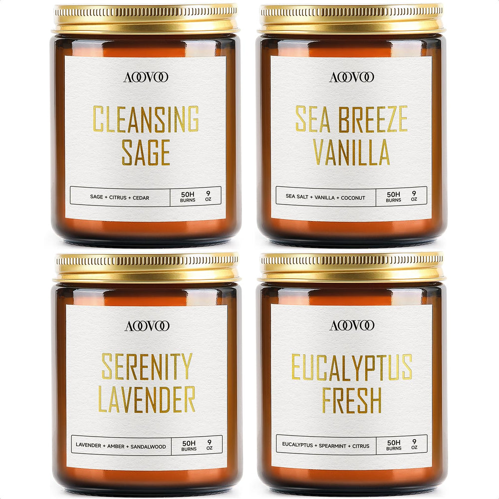 AOOVOO scented candles 4pc gift box front, inviting aromatherapy ambiance.