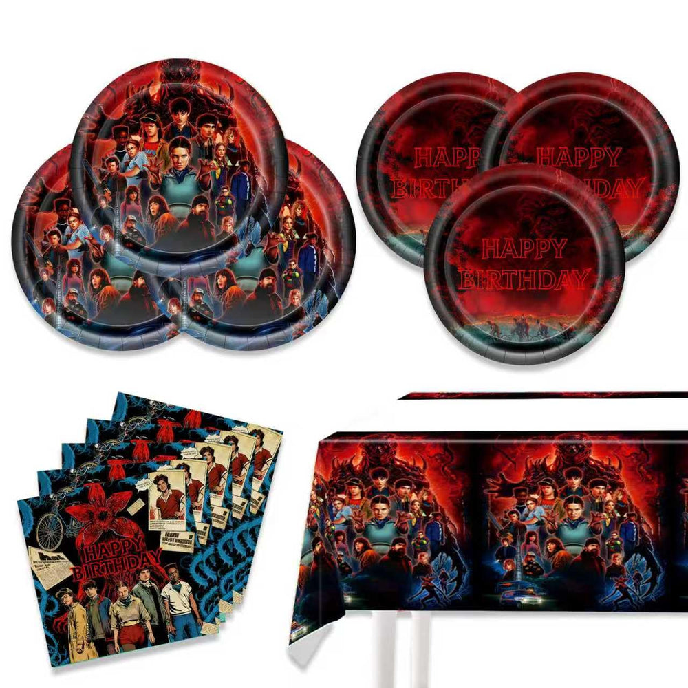 Aorsewynn Stranger Things plates set enhances party table décor.