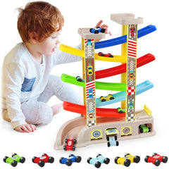 Aotipol Montessori ramp racer with two parking lots for collaborative play.