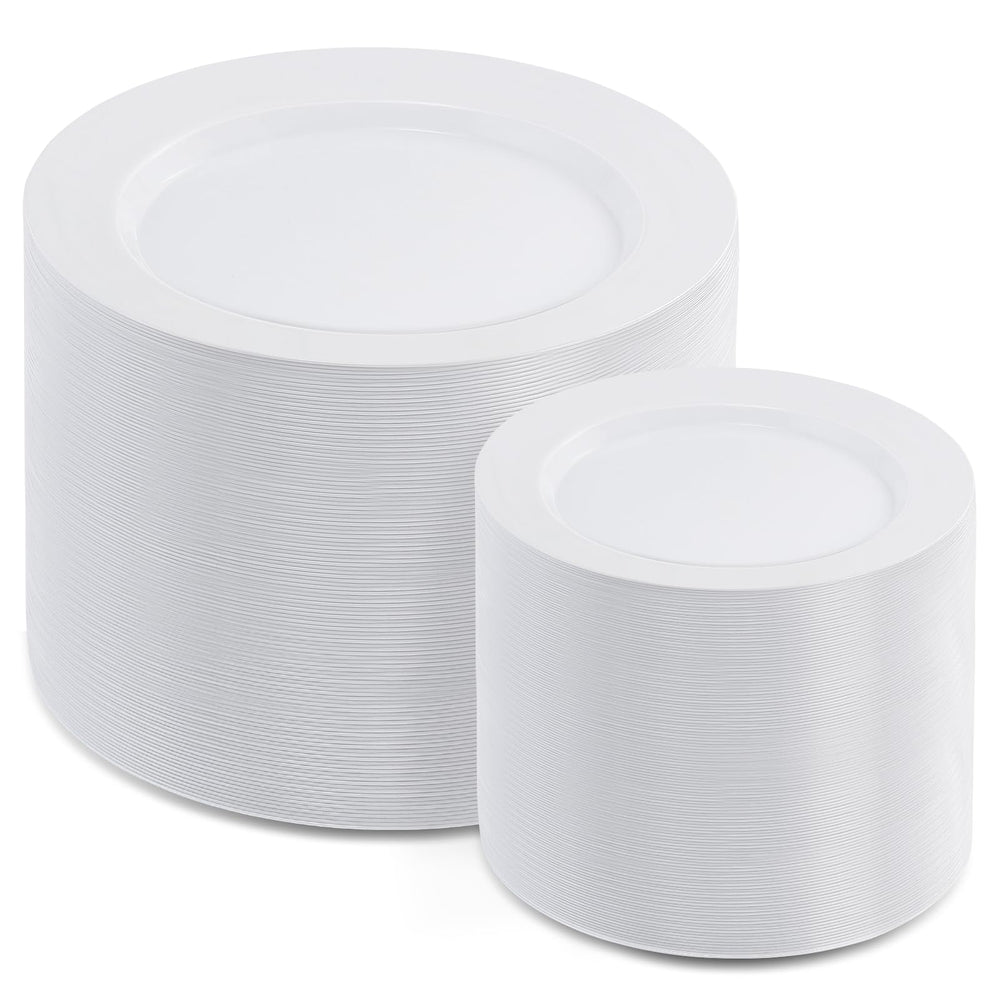 AOZITA white plastic dinner plates in close-up, sturdy for busy party dining, great for heavy meals.