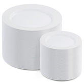 AOZITA white plastic dinner plates in close-up, sturdy for busy party dining, great for heavy meals.