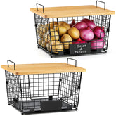 AOZITA XXL stackable basket with bamboo top on kitchen counter keeps fruit organized.