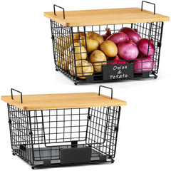 AOZITA XXL stackable basket with bamboo top on kitchen counter keeps fruit organized.