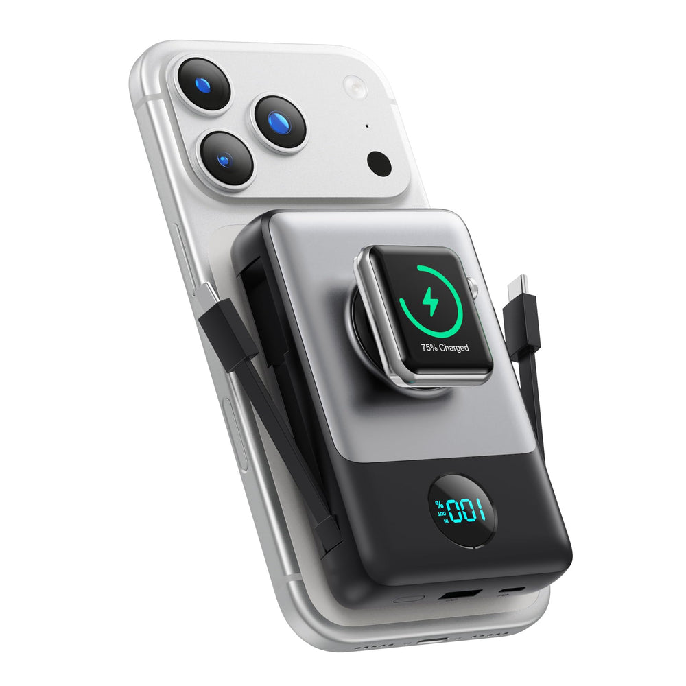 APHUWJ 6-in-1 magnetic charger front view showing seamless iPhone and Apple Watch charging.