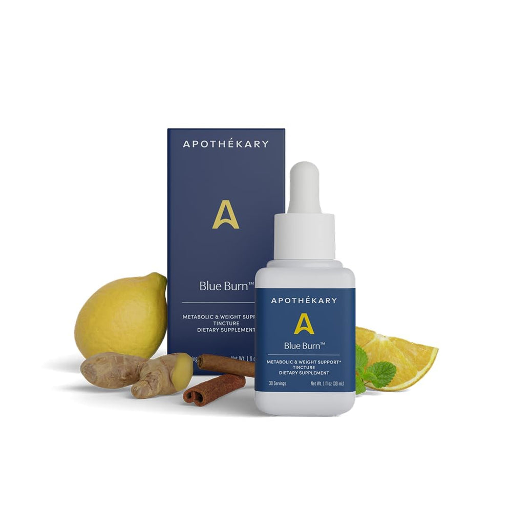 Apothékary Blue Burn bottle front highlighting metabolism support