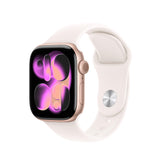 Apple Watch Series 11 with rose gold aluminum case and light blush band for all-day comfort.