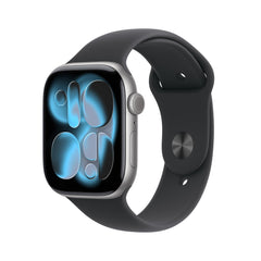 Apple Watch Series 11 on wrist with space-gray case and black band for daily use.