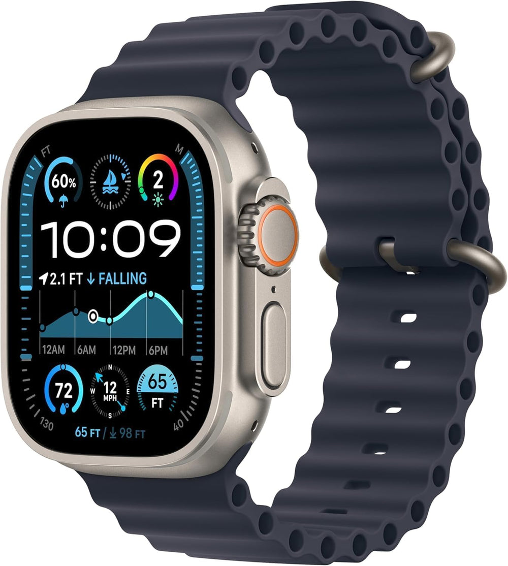 Apple Watch Ultra 2 with titanium case and blue ocean band on close-up for rugged adventures.