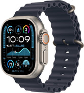 Apple Watch Ultra 2 with titanium case and blue ocean band on close-up for rugged adventures.