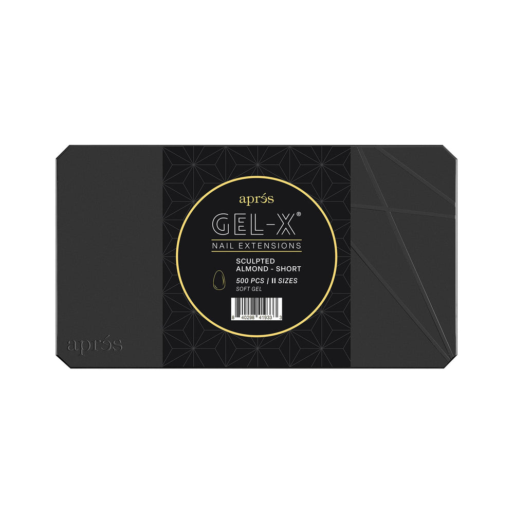 APRÉS Gel-X tip box in almond shape, 500 soft tips for full-set versatility.