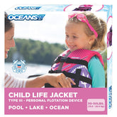 Aqua LEISURE Oceans7 pink open-sided kids life jacket, easy to adjust for a secure fit.