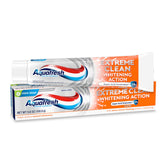 Aquafresh Extreme Clean whitening action toothpaste tube for brighter smile after brushing.