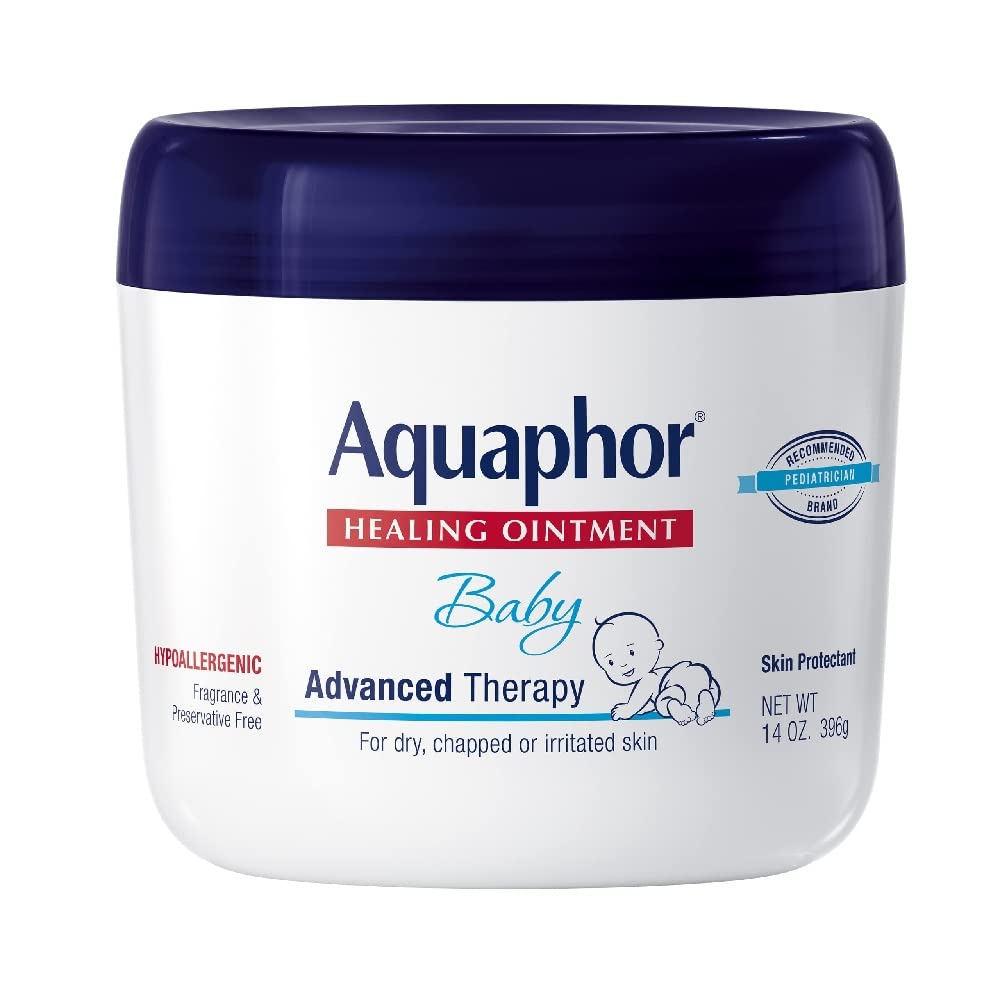 Aquaphor Baby Healing Ointment jar close-up, gentle skin protection for sensitive skin.