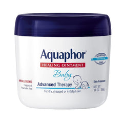 Aquaphor Baby Healing Ointment jar close-up, gentle skin protection for sensitive skin.