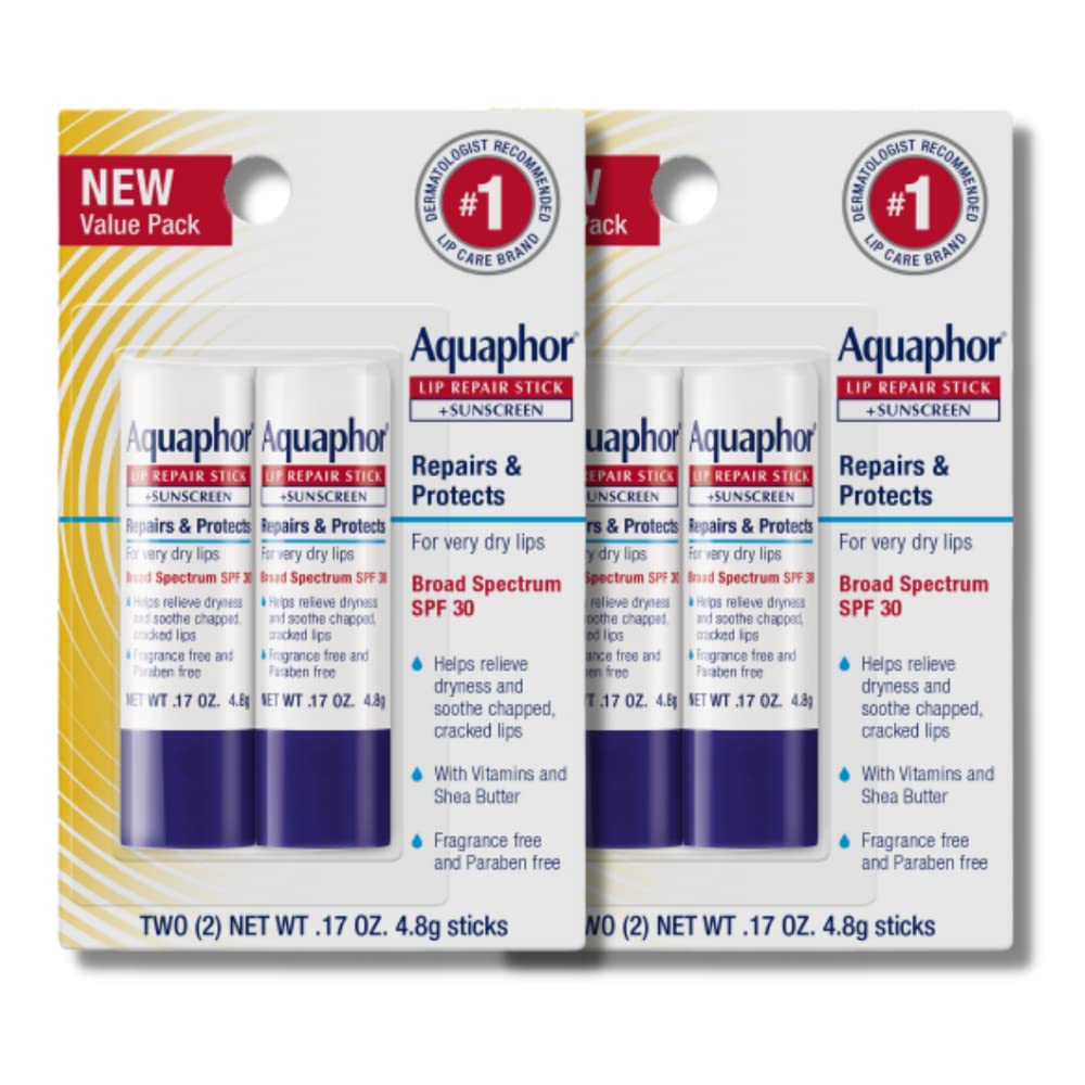 Aquaphor Lip Repair Stick SPF 30 packaging showing four-stick box for sun protection