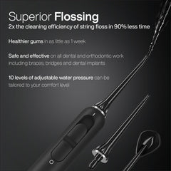 Aquasonic water flosser jet tips and 600ml tank for adjustable pressure.