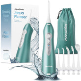 Aquasonic water flosser on table shows compact cordless design for travel and daily use.