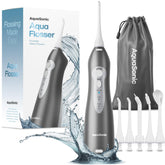 Aquasonic Water Flosser with rechargeable battery enables extended cordless use.