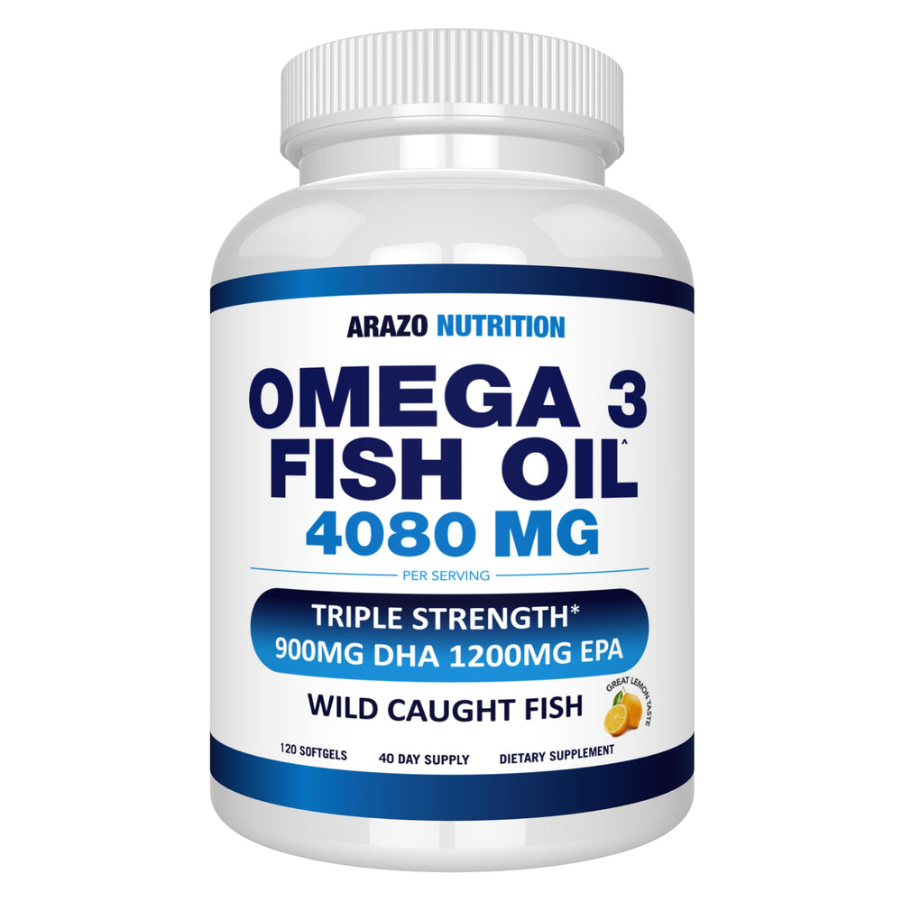 Arazo Nutrition wild-caught omega-3 bottle front showing high-potency formula for daily use.