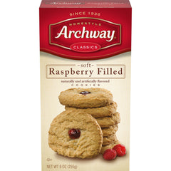 Archway Raspberry Filled Cookies box front: nostalgic snack with Archway quality