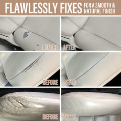 Scratches and tears repaired with fast-drying compound on a sample swatch