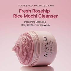 ARENCIA Rosehip Brightening Rice Mochi Face Cleanser foam forming a light lather for sensitive skin.