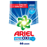 ARIEL Ultra Oxi Powder drum close view highlighting stain removal potential for whites and colors.