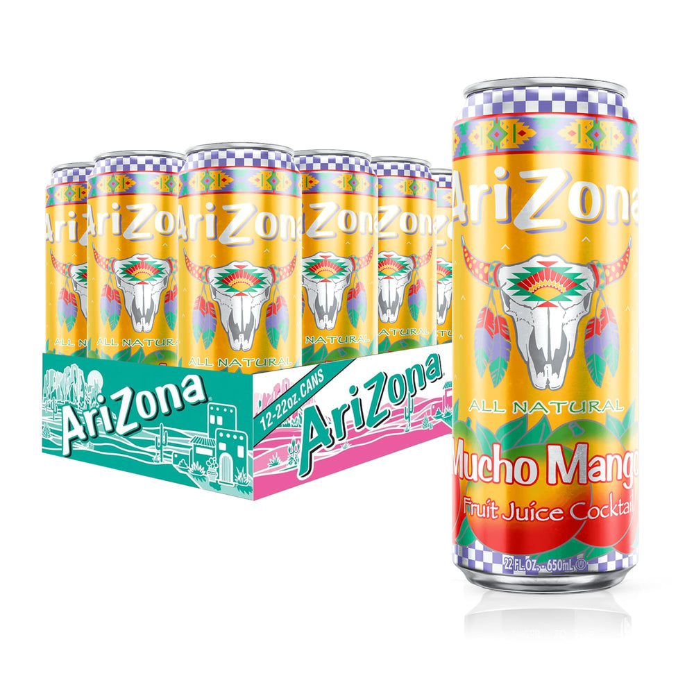 Arizona Mucho Mango 22oz can pour showcasing tropical flavor and refreshment.